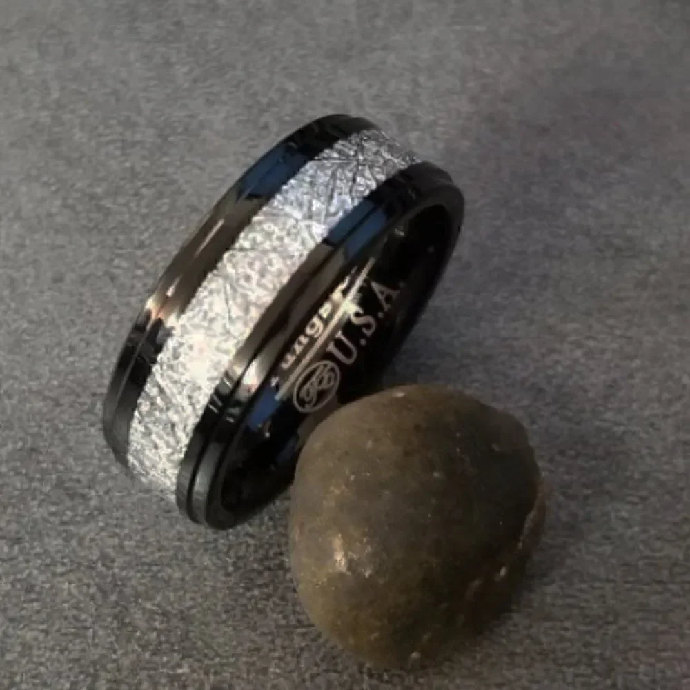 Men's Real Black Tungsten Promise Ring With Meteorite Inlay